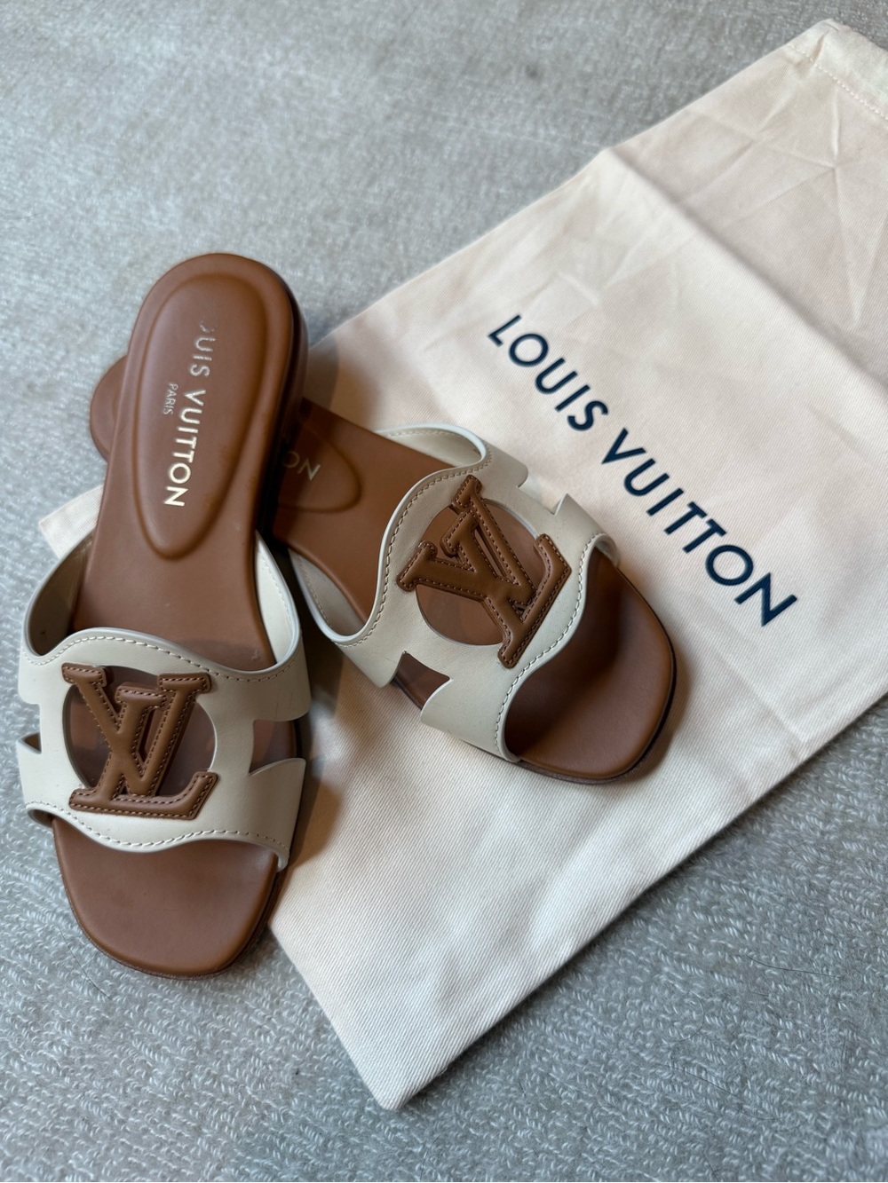 Louis Vuitton Women's Lock It Beige and Brown LV Slide Sandals